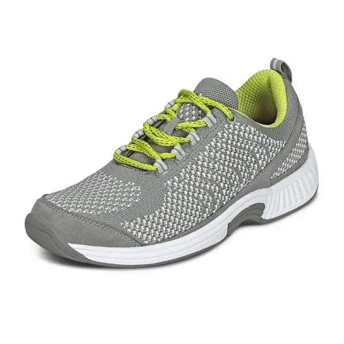 OrthoFeet women's orthopedic knit sneakers in grey with coral details