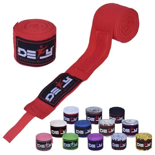 DEFY professional boxing hand wraps in red color showing elastic bandage design