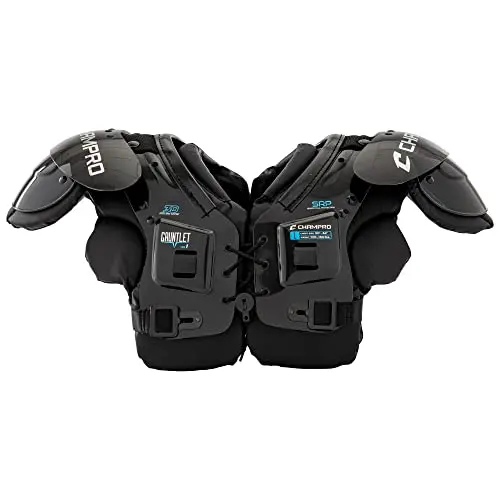 CHAMPRO Gauntlet 1 youth football shoulder pads in black and blue with shock rail design