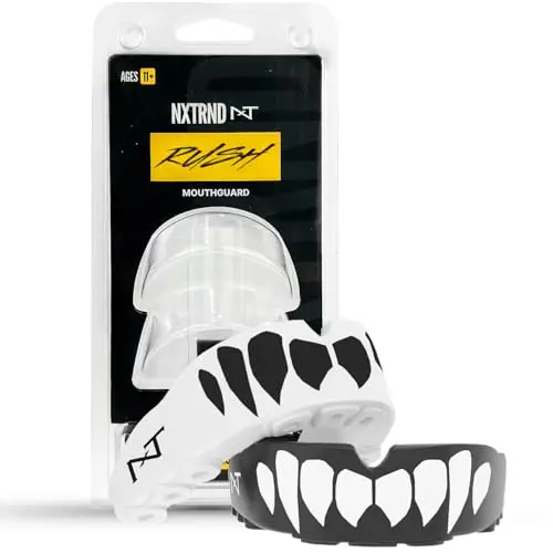 Nxtrnd Rush mouthguard with black and white fangs design