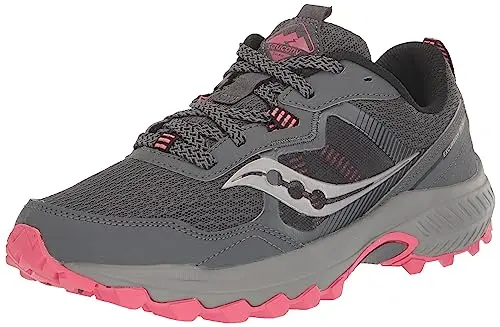 Saucony Excursion TR16 trail running shoe in grey and coral