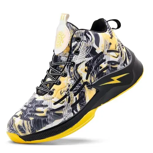 kniaiwx high-top basketball shoes in black and yellow with rubber sole and breathable mesh upper