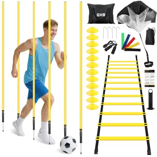 GHB agility training set with ladder, poles, cones, and resistance gear
